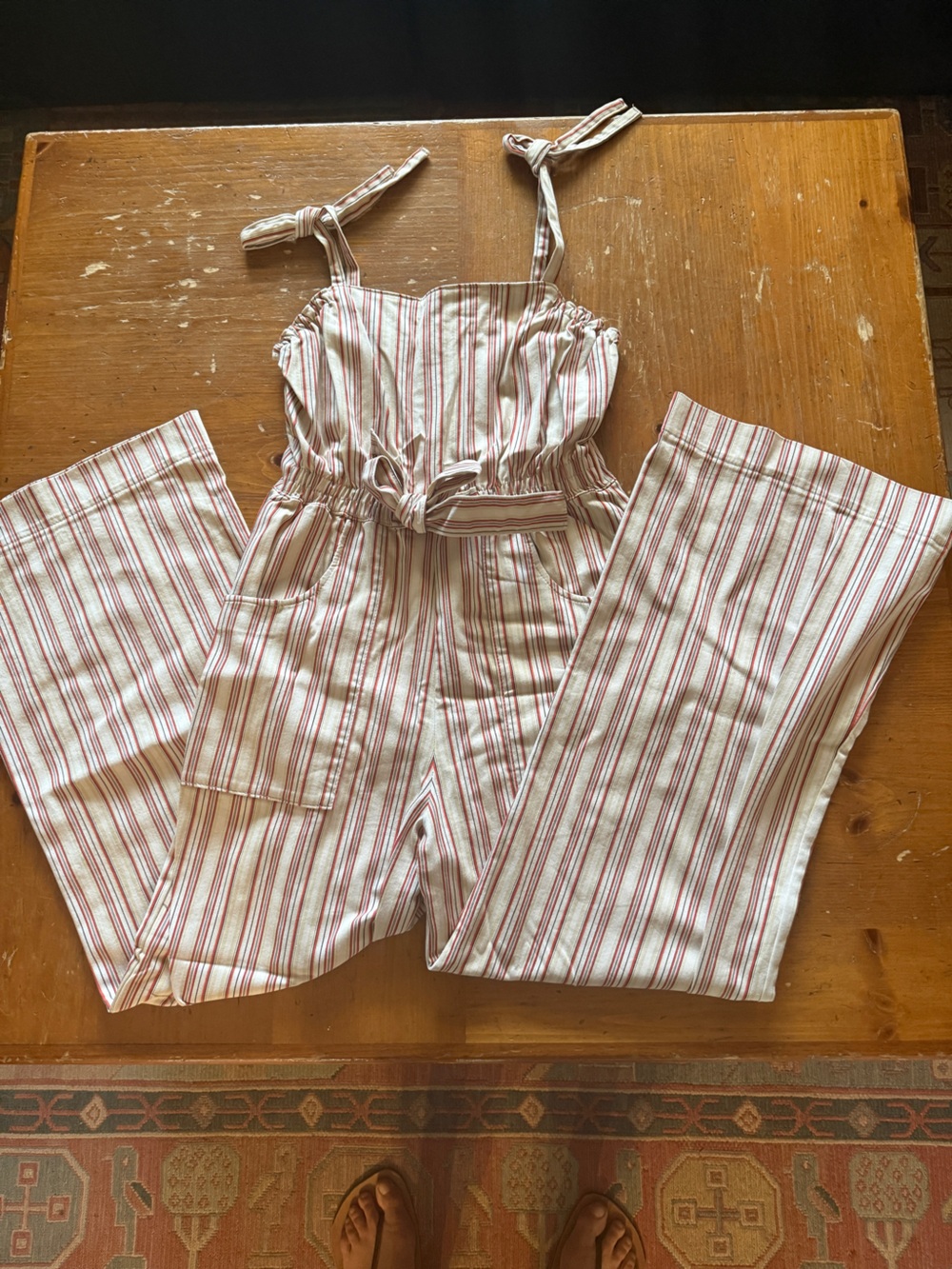 Striped Tie-Shoulder Jumpsuit in Cream and Red